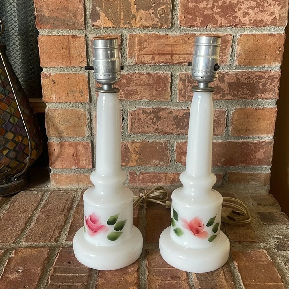 Vtg Milk Glass Hand Painted Floral Lamps Set of 2
